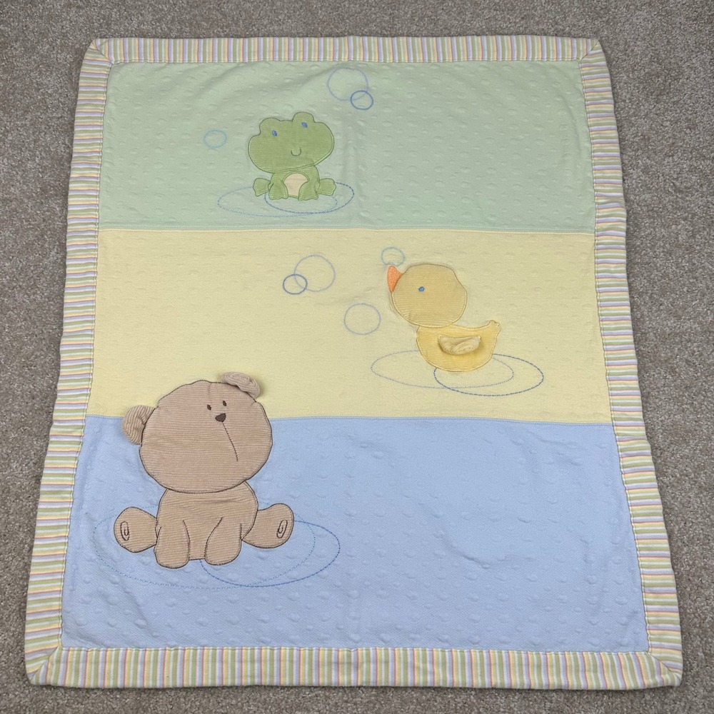 Vtg Carters Baby Blanket Blue Yellow Green Frog Duck Bear Striped Trim Soft